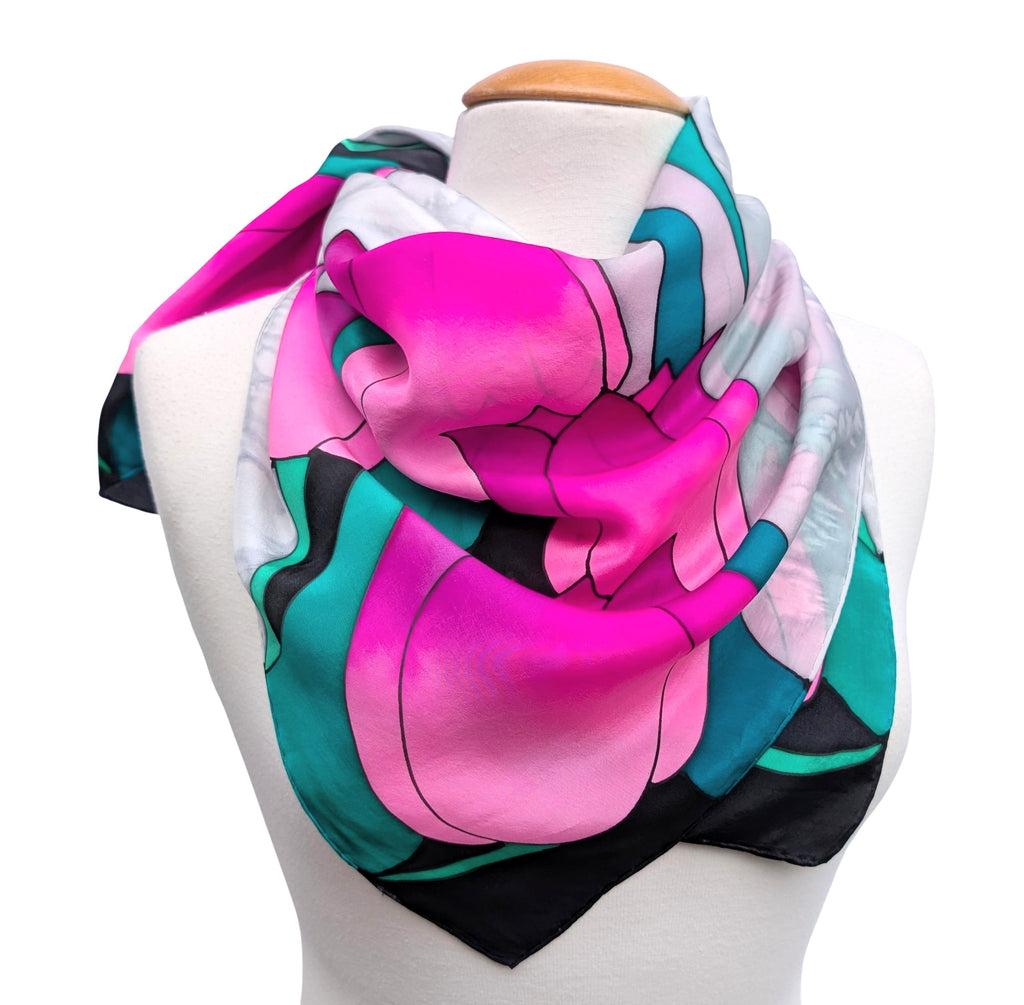 painted silk floral scarf pink silver tulip art design hand made by Lynne Kiel made in Canada