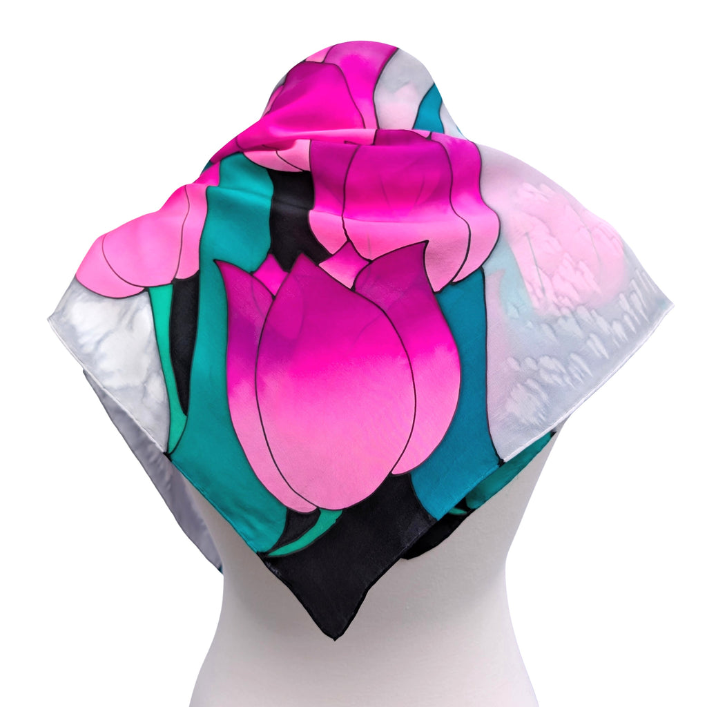 colorful pink tulip floral square pure silk scarf hand painted by Lynne Kiel handmade in Canada