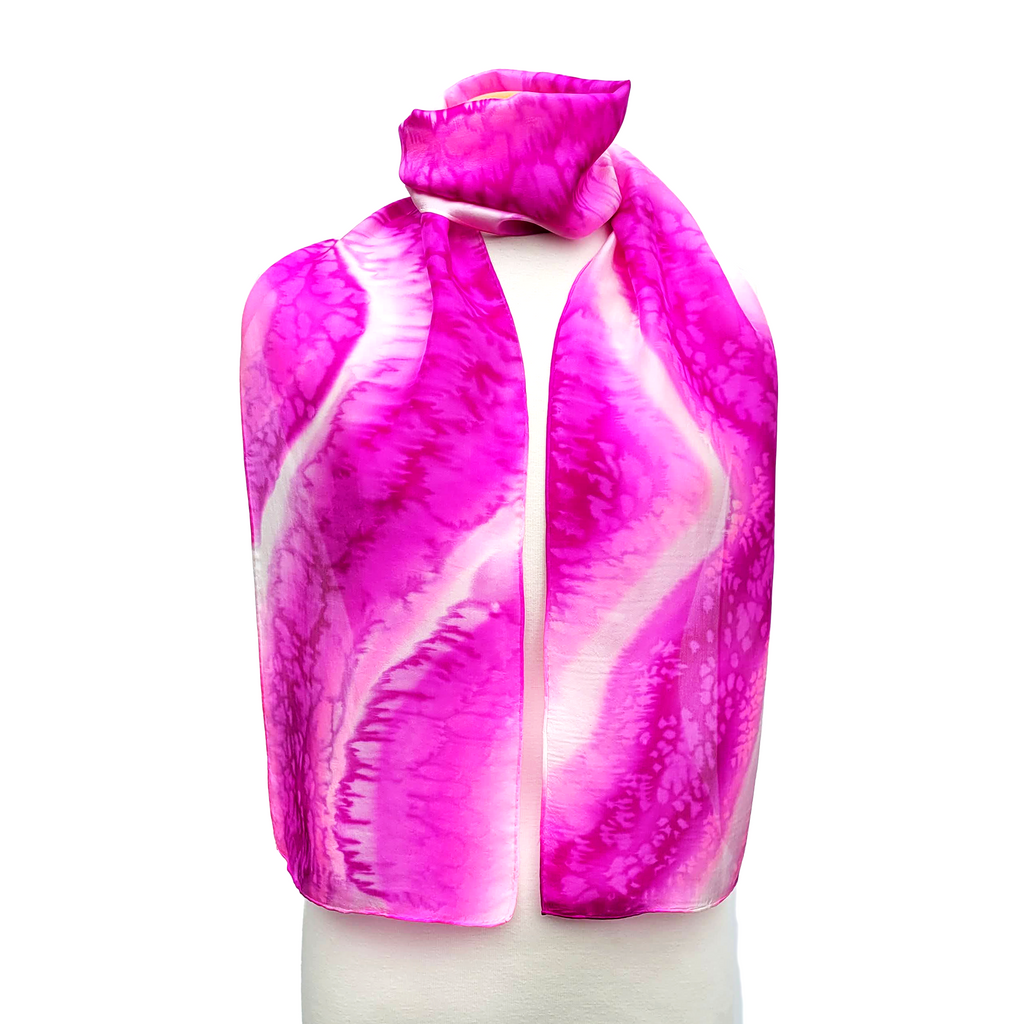 tie dye pink and white hand painted silk scarf handmade by Lynne Kiel
