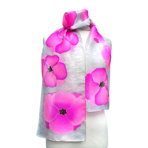silk scarf hand painted pink poppy flowers handmade by Lynne Kiel