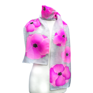 pink flower silk scarf hand painted poppies handmade by Lynne Kiel