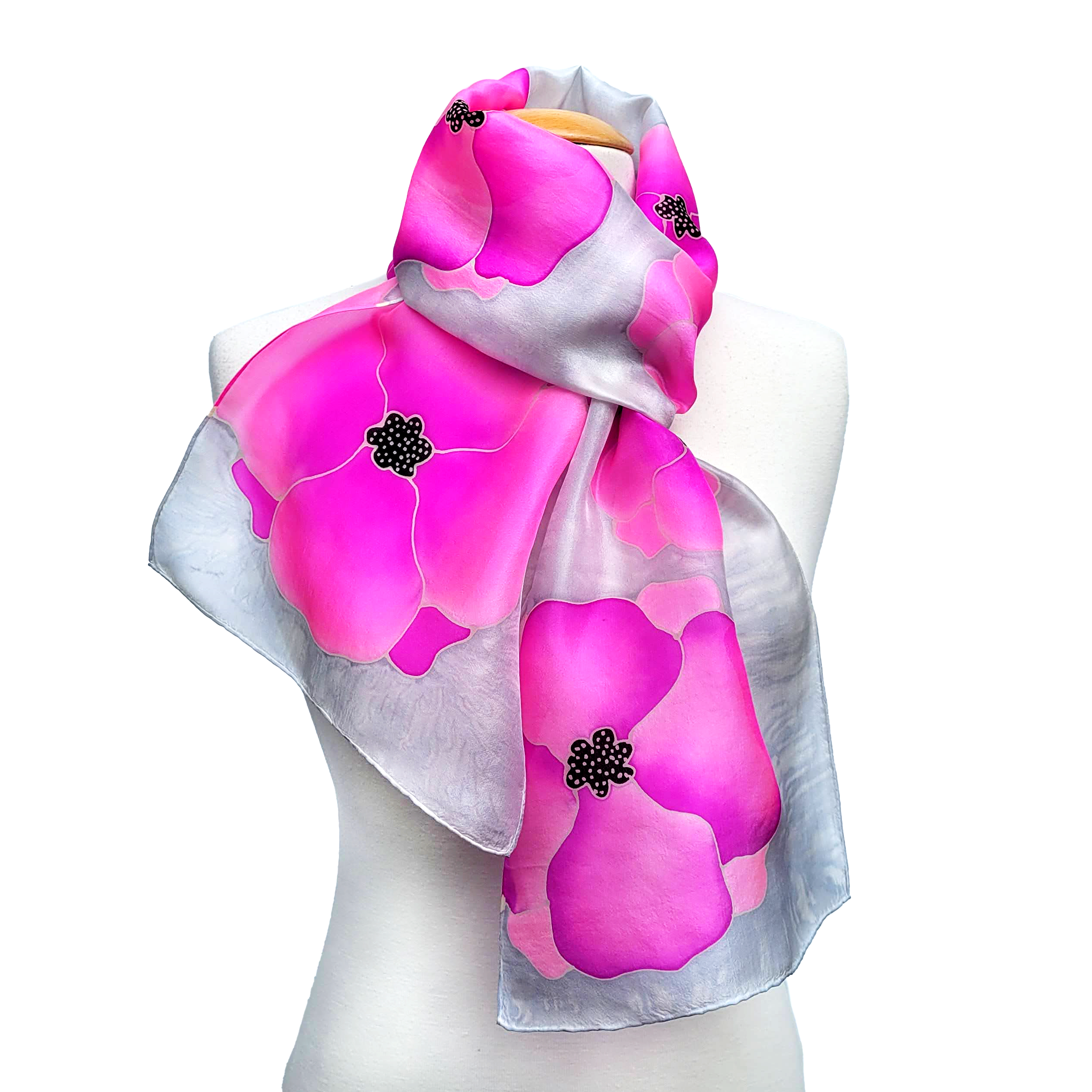 pink silk scarf hand painted poppy art design handmade by Lynne Kiel
