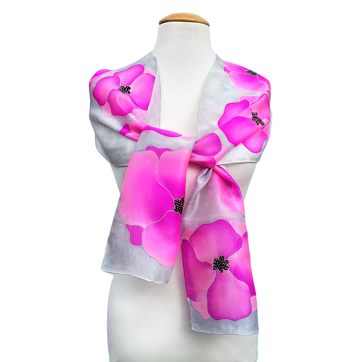 Pink fushia Beautiful Big Poppy Flowers Hand Painted Silk Scarf