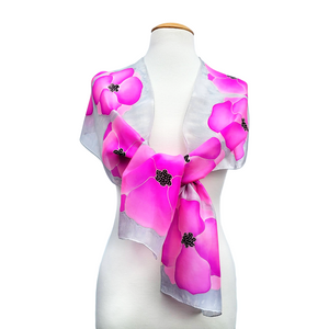 pure silk shawl silk scarf hand painted pink poppy flowers handmade by Lynne Kiel