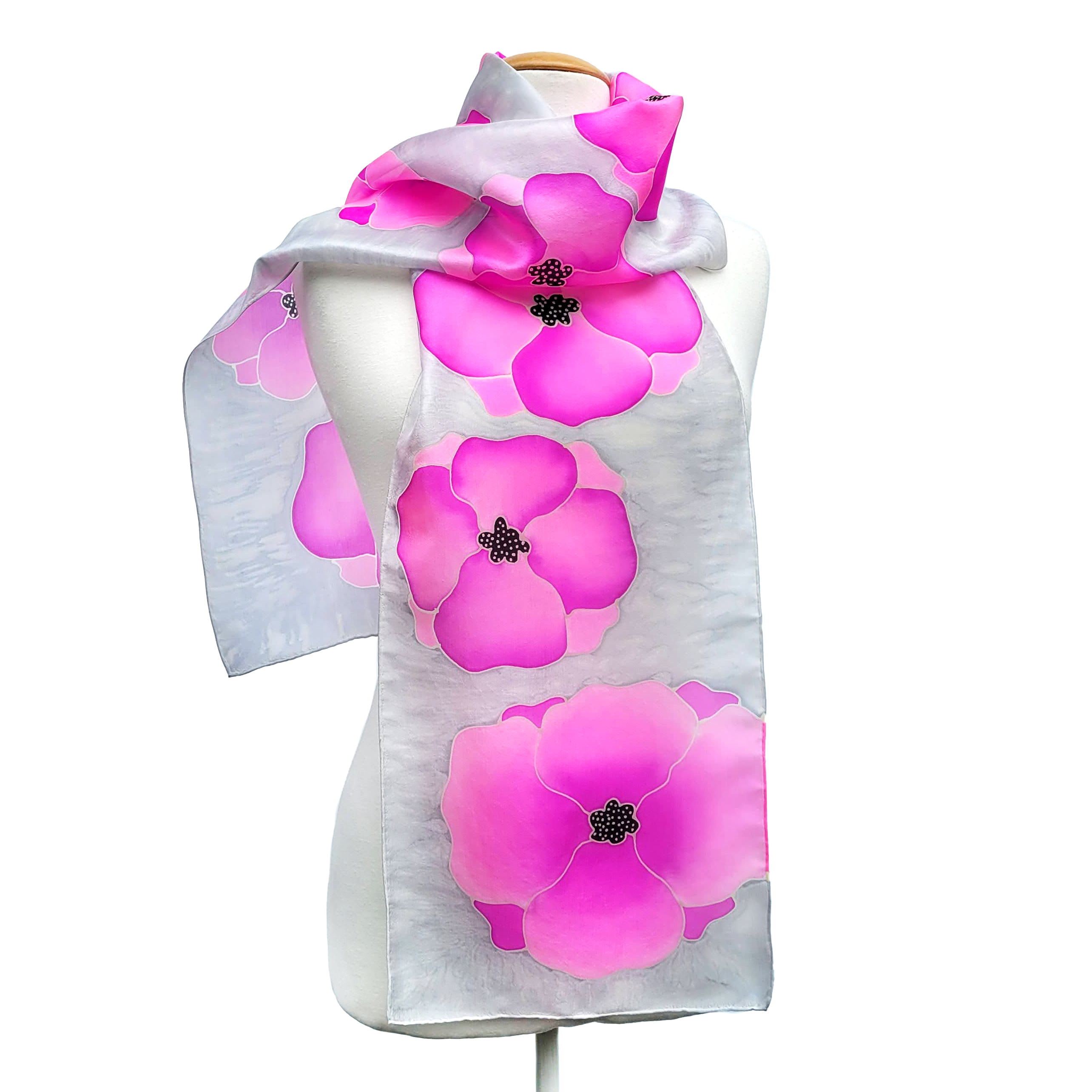 Silk scarf ladies accessory hand painted pink and silver color handmade by Lynne Kiel