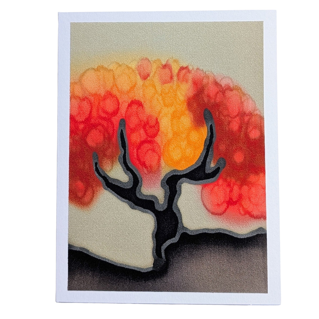 A painted silk original art card greeting card  featuring an abstract tree silhouette in black and gray against a warm gradient background of red, orange, and yellow circles, with a white border 