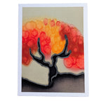 A painted silk original art card greeting card  featuring an abstract tree silhouette in black and gray against a warm gradient background of red, orange, and yellow circles, with a white border 