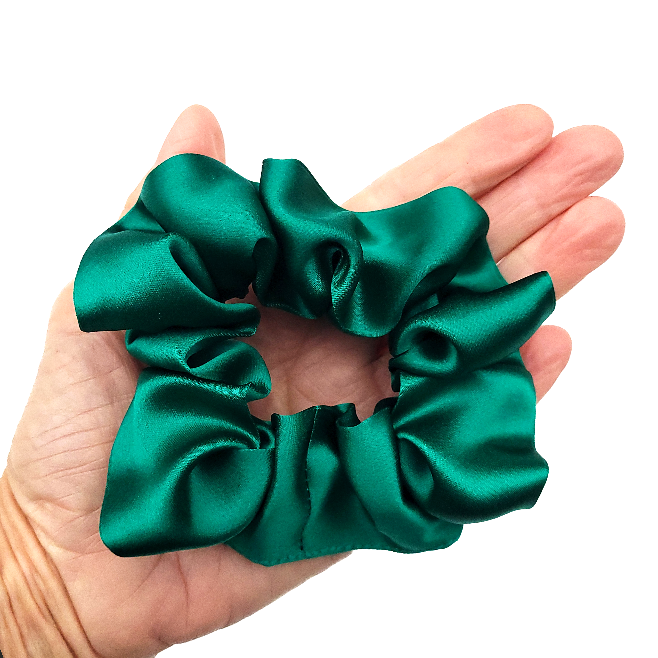 pure silk green hair accessory scrunchie ponytail holder handmade in Canada by Lynne Kiel