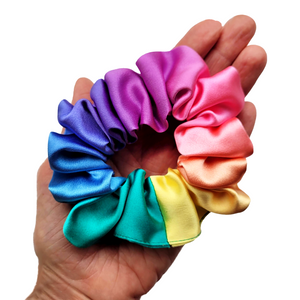 pure silk rainbow colored hair scrunchie ponytail holder handmade in Canada by Lynne Kiel