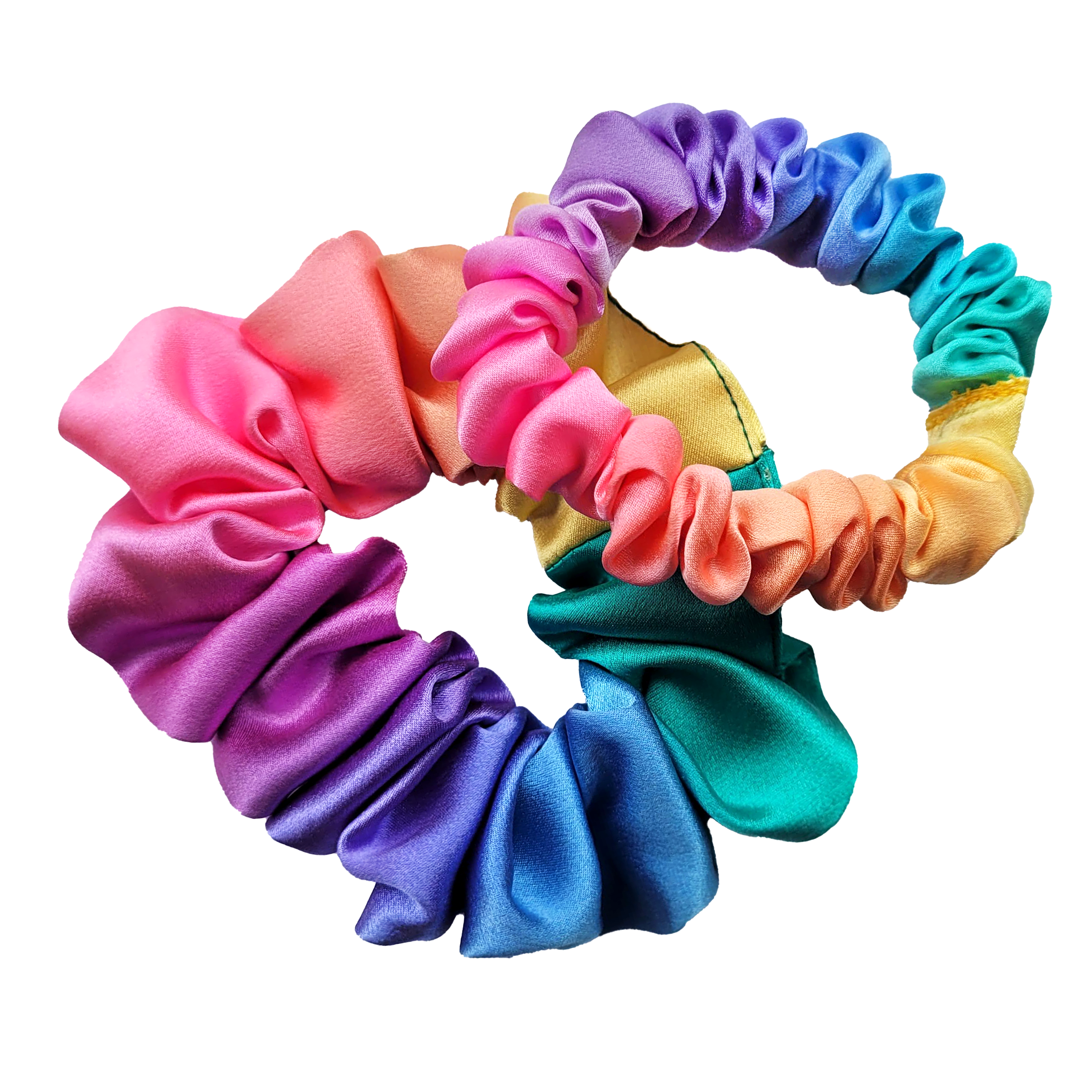 rainbow color hand dyed pure silk scrunchie handmade in Canada by Lynne Kiel