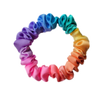 skinny scrunchie ponytail holder hand painted silk rainblow colors handmade by Lynne Kiel