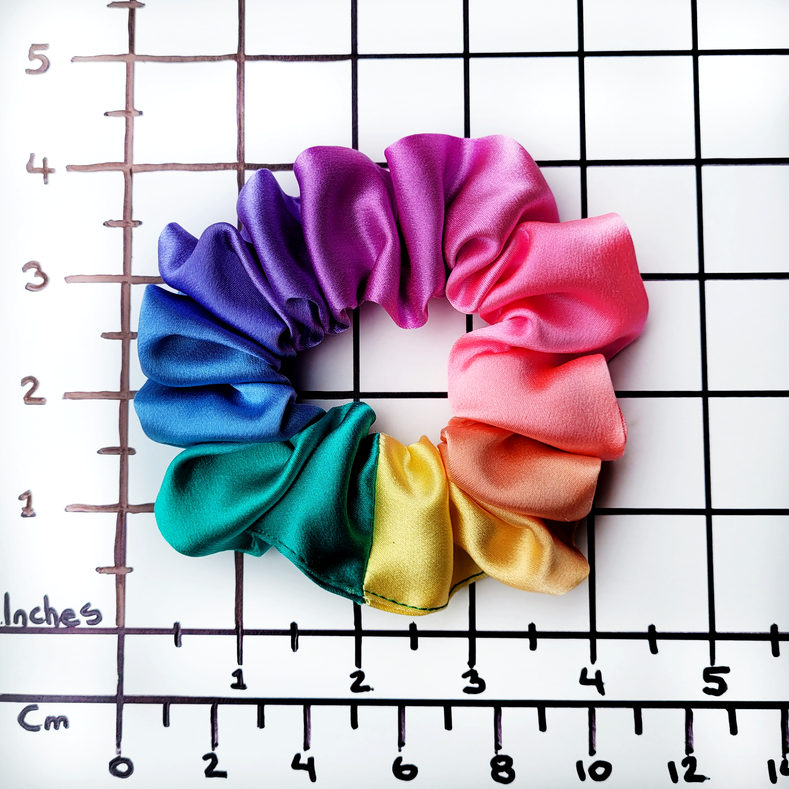 small size scrunchie ponytail holder hand dyed rainbow colors handmade by Lynne Kiel