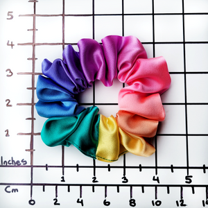 small size scrunchie ponytail holder hand dyed rainbow colors handmade by Lynne Kiel
