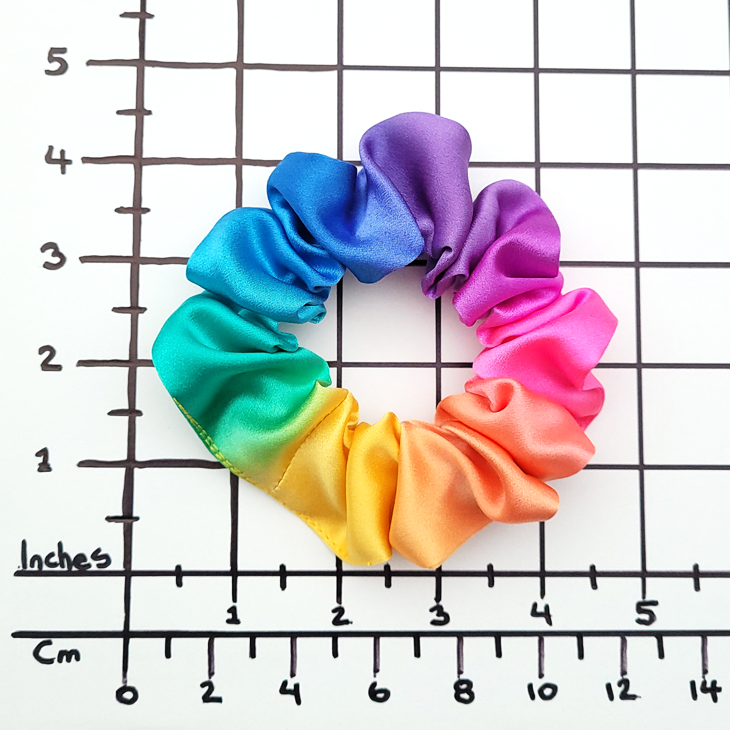 reainbow color handpainted pure silk satin scrunchie hair tie ponytail holder handmade by Lynne Kiel