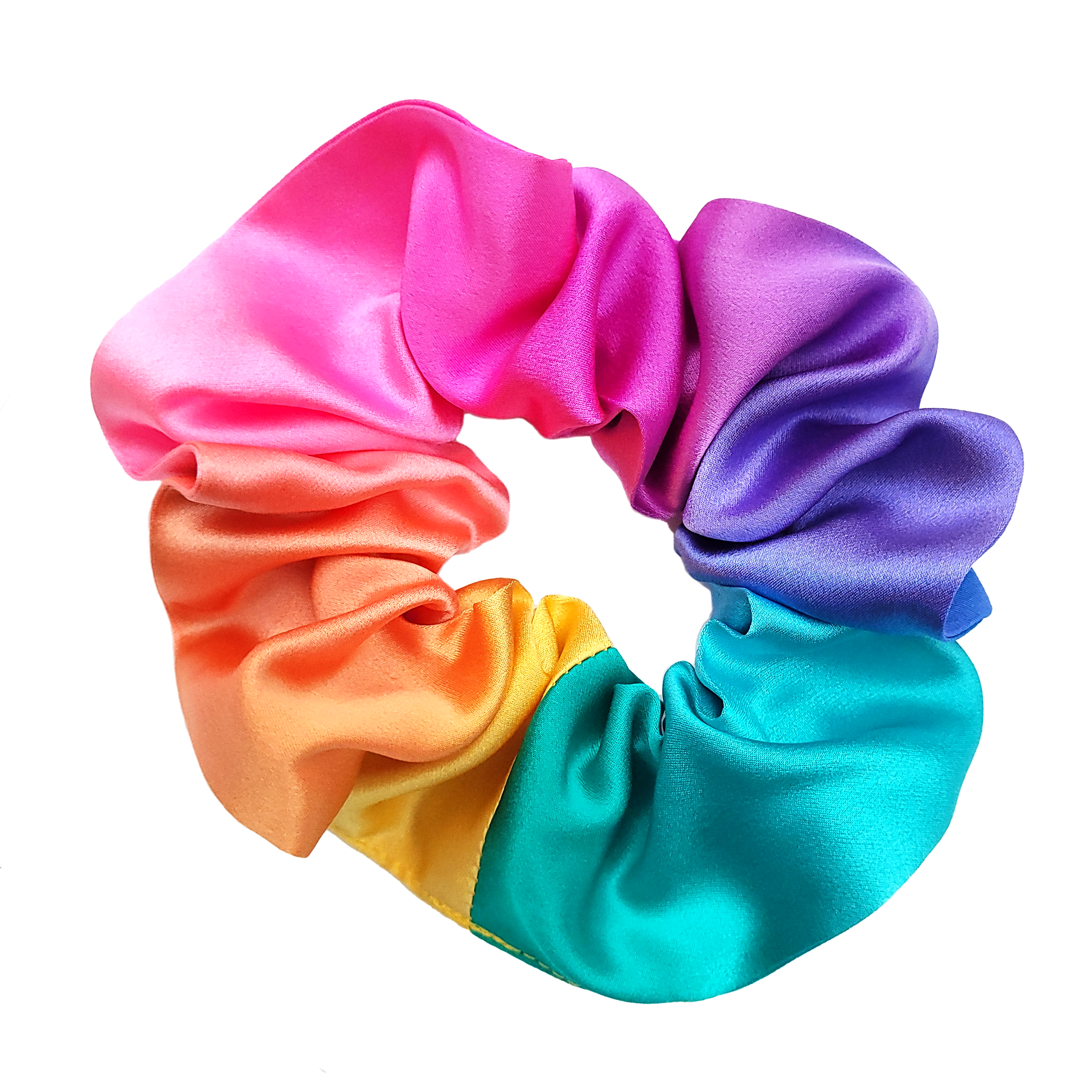 Medium size rainbow color scrunchie pure silk handmade pony tail holder hair accessory made in Canad a by Lynne Kiel