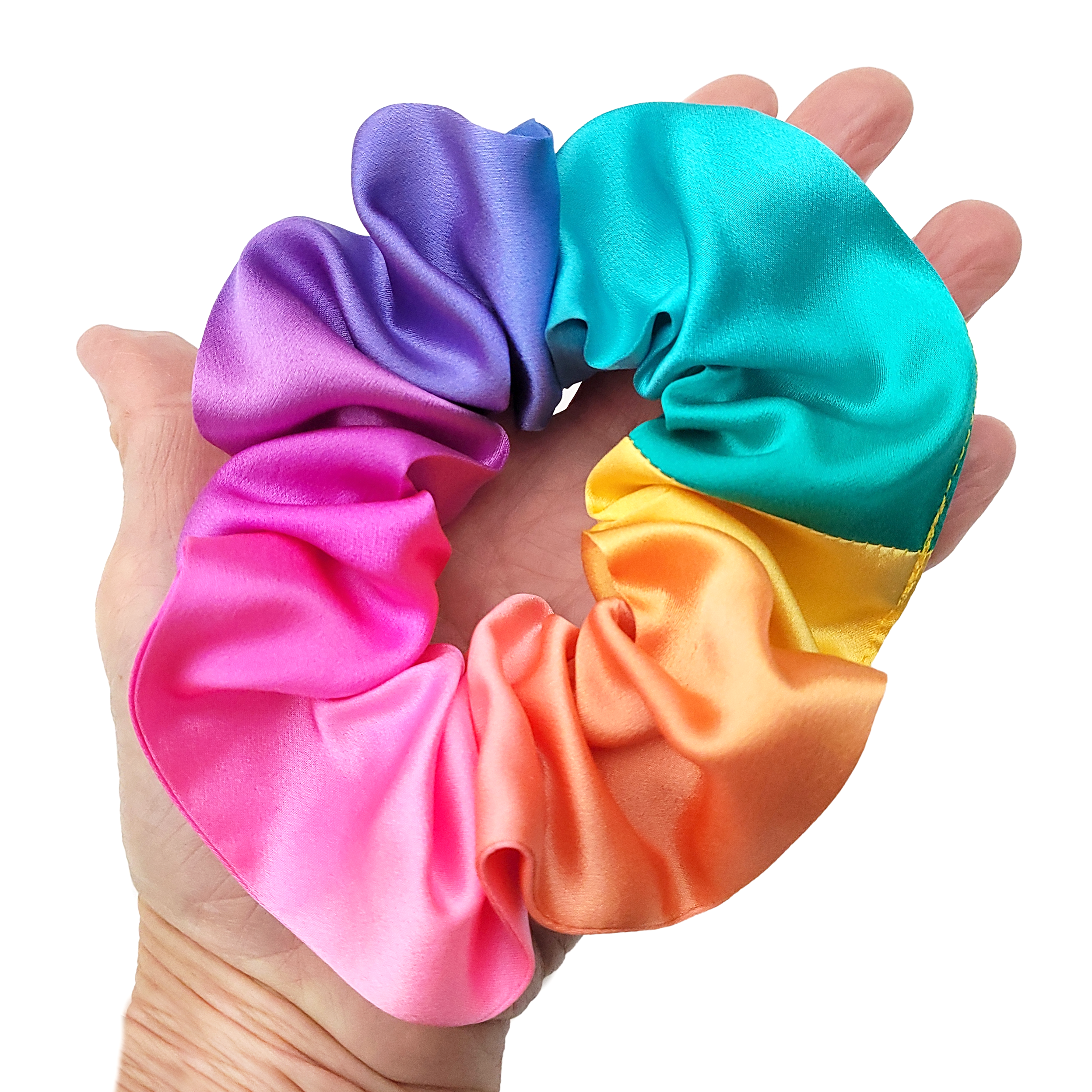rainbow color hand painted silk hair scrunchie ponytail holder hair tie handmade in canada by lynne kiel