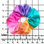 Load image into Gallery viewer, medium size silk scrunchie ponytail holder hand painted rainbow color handmade by Lynne Kiel
