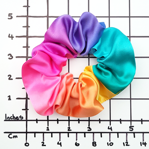 medium size silk scrunchie ponytail holder hand painted rainbow color handmade by Lynne Kiel