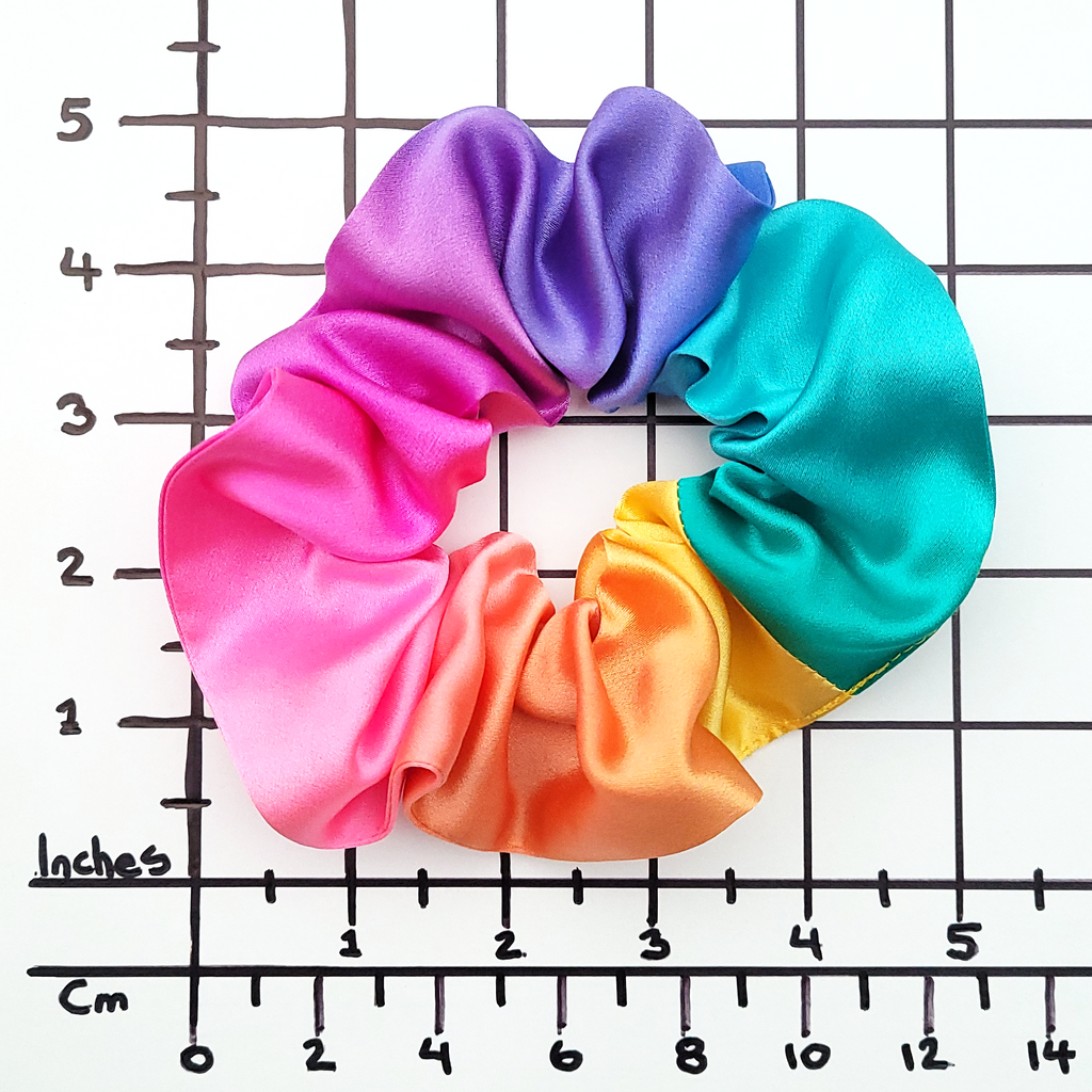 pure silk hair scrunchie hand painted rainbow color medium size handmade by Lynne Kiel