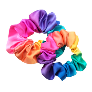 rainbow color hand painted silk scrunchies small and medium set handmade ponytail holder handmade by Lynne Kiel