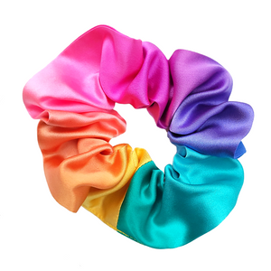 medium size hair scrunchie hand painted silk rainbow color ponytail holder hair tie handmade by Lynne Kiel
