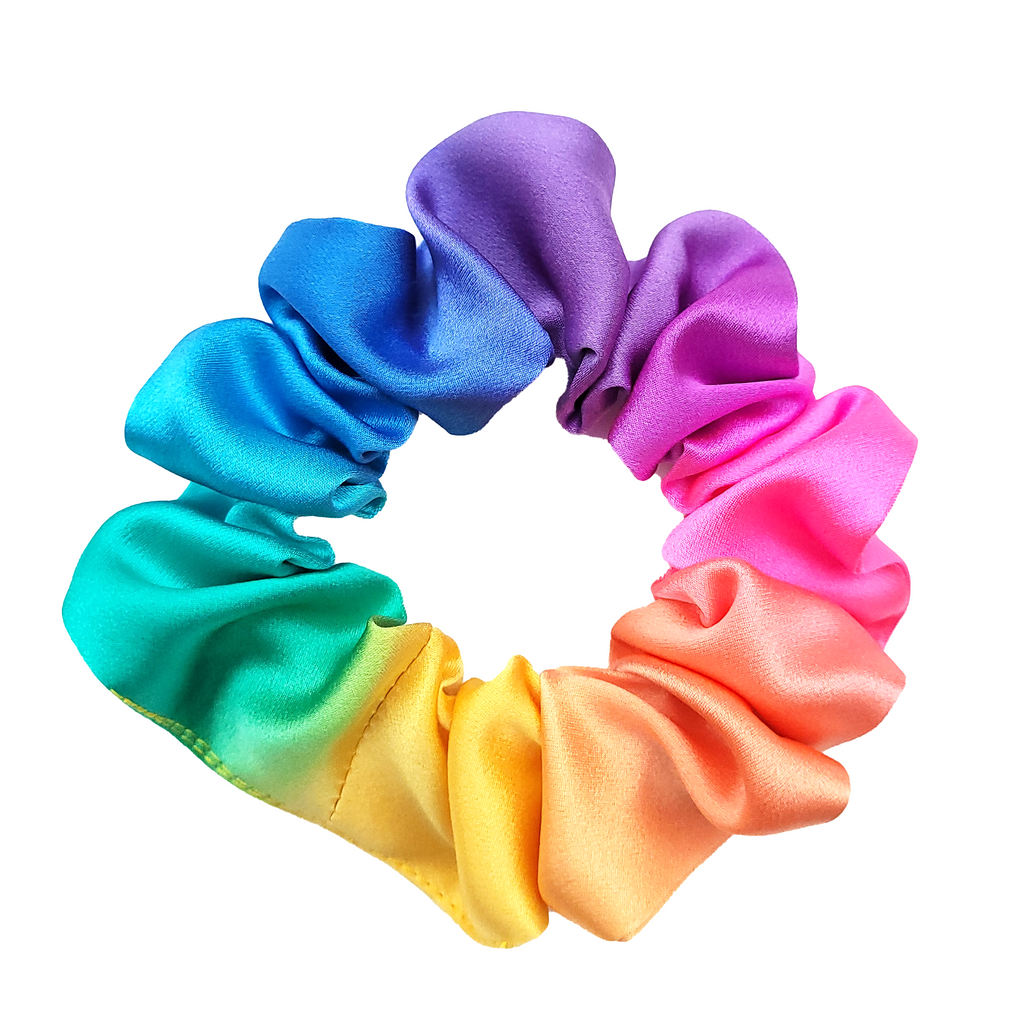 small size pure silk scrunchie pony tail holder hair accessory hand painted rainbow color pure silk handmade by Lynne Kiel