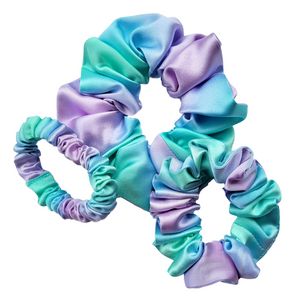 pure silk scrunchie ponytail holder hair accessory hand dyed green purple blue color handmade by Lynne Kiel