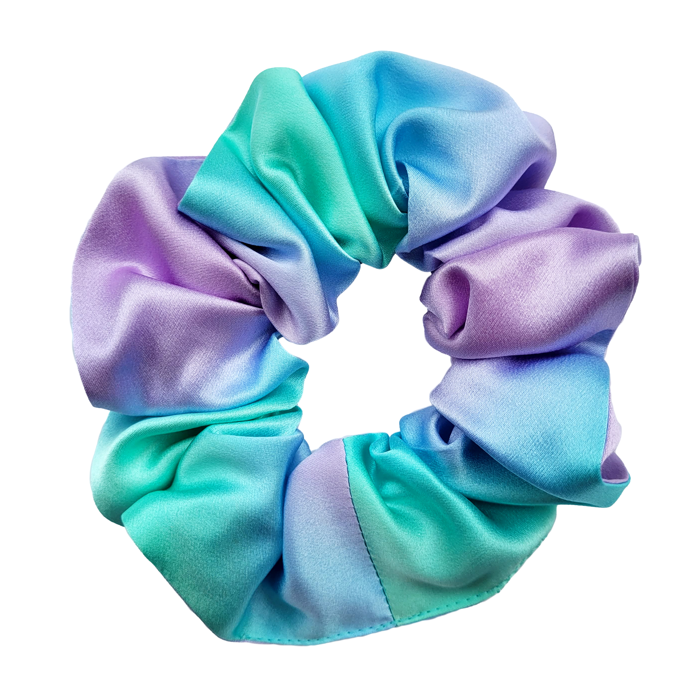 medium size pure silk scrunchie ponytail holder hair accessory hand dyed pastel blue purple green color handmade by Lynne Kiel