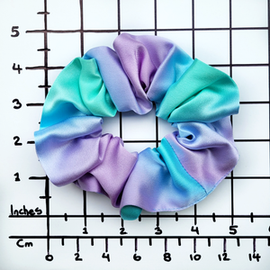 pure silk medium size scrunchie hand dyed purple green color handmade by Lynne Kiel