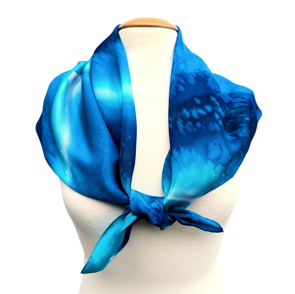 tie dye pure silk hand painted square scarf navy blue turquoise white hand made by Lynne Kiel made in canada