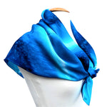 Load image into Gallery viewer, pure silk square scarf hand painted tie dye blue turquoise white navy handmade by lynne kiel made in canada
