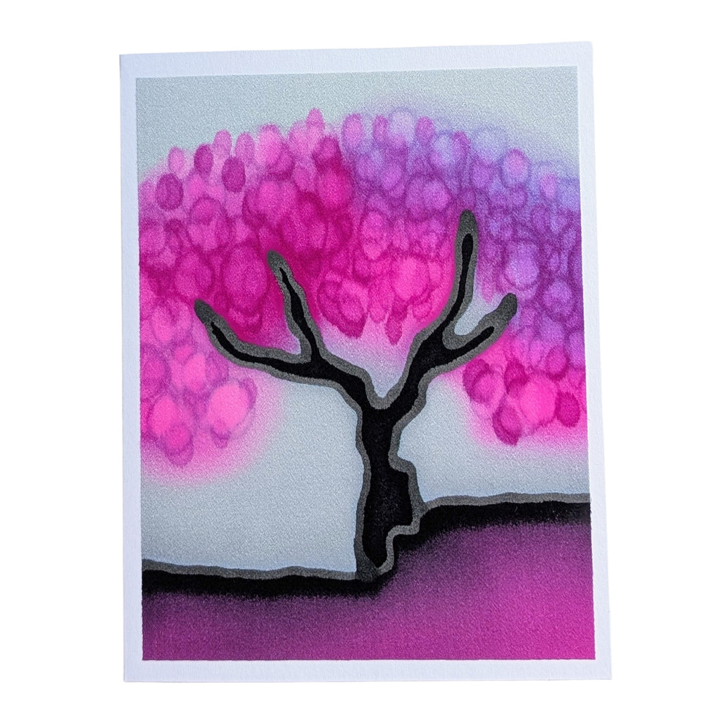 A hand painted pure silk original art card greeting card featuring a stylized black tree silhouette with a vibrant pink and purple bubble-like canopy against a pale gray background,