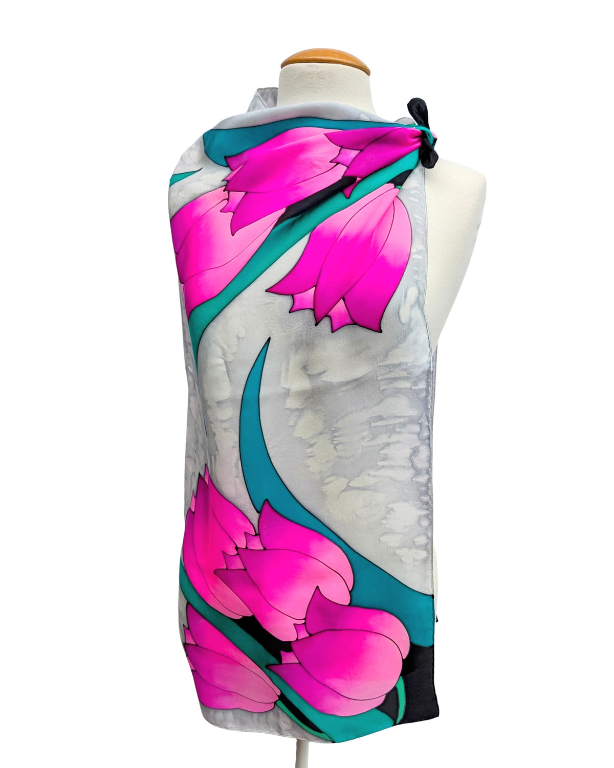 large pure silk square scarf hand painted floral art design pink tulips silver and black hand painted by Lynne Kiel made in Canada