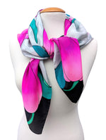Load image into Gallery viewer, pure silk square scarf pink tulip floral art design hand painted by Lynne Kiel made in Canada
