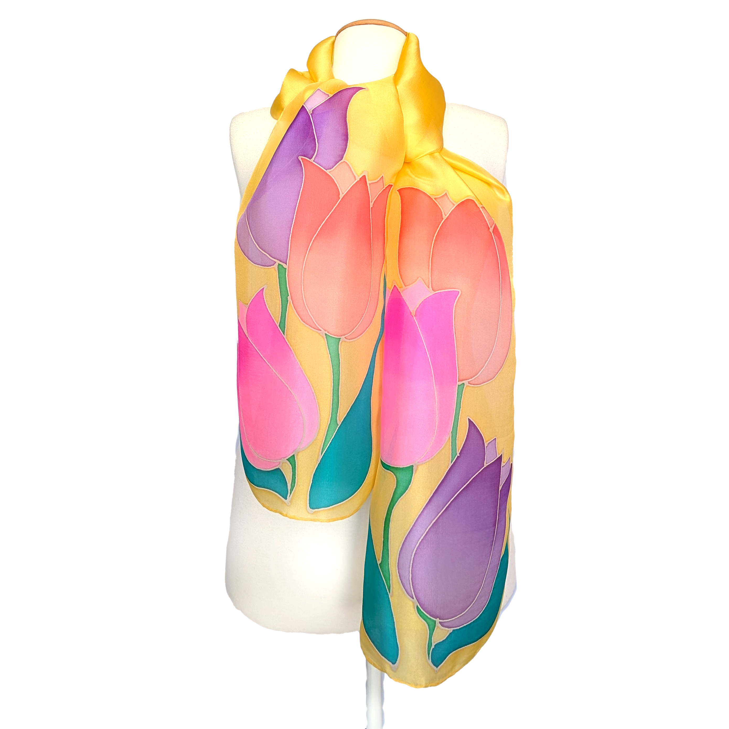 yellow tulip flower hand painted pure silk scarf pink orange purple color hand made by Lynne Kiel made in canada