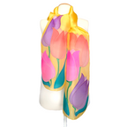yellow tulip flower hand painted pure silk scarf pink orange purple color hand made by Lynne Kiel made in canada