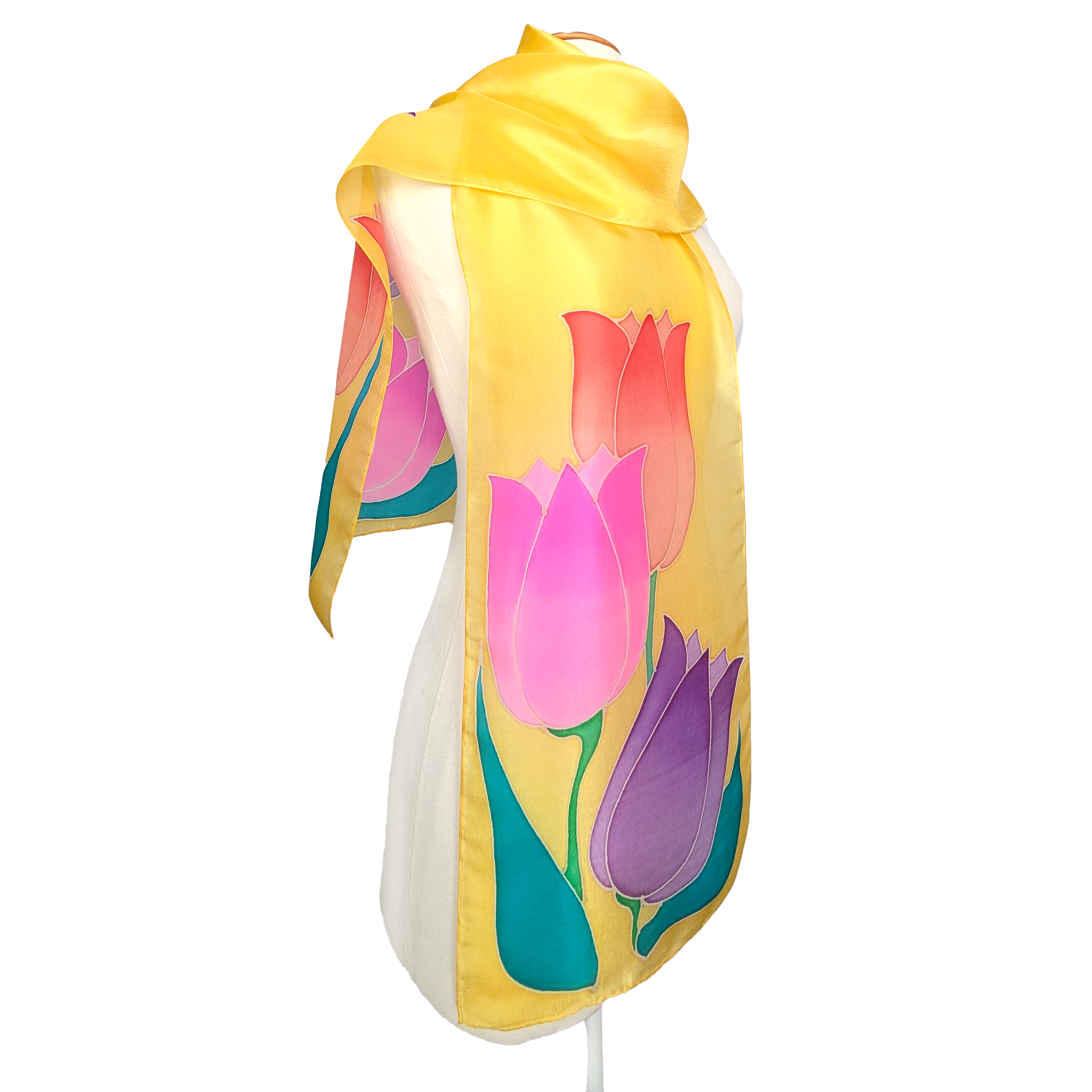 hand painted pure silk ladies scarf yellow pink purple orange tulip flowers handmade by Lynne Kiel Made in Canada