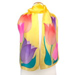 Load image into Gallery viewer, yellow hand painted tulip silk sccarf ladies long scarf pure silk purple orange pink color handmade by Lynne Kiel made in Canada
