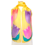 Load image into Gallery viewer, yellow ladies pure silk long scarf hand painted pink purple orange tulip flower art design handmade by Lynne Kiel made in Canada
