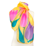 Load image into Gallery viewer, pure silk scarf ladies long scarf pink orange purple yellow color handmade by Lynne Kiel made in Canada
