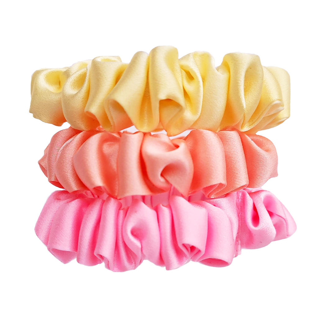  scrunchie set skinny size Pure silk pink peach yellow colors hand made in Canada Lynne Kiel