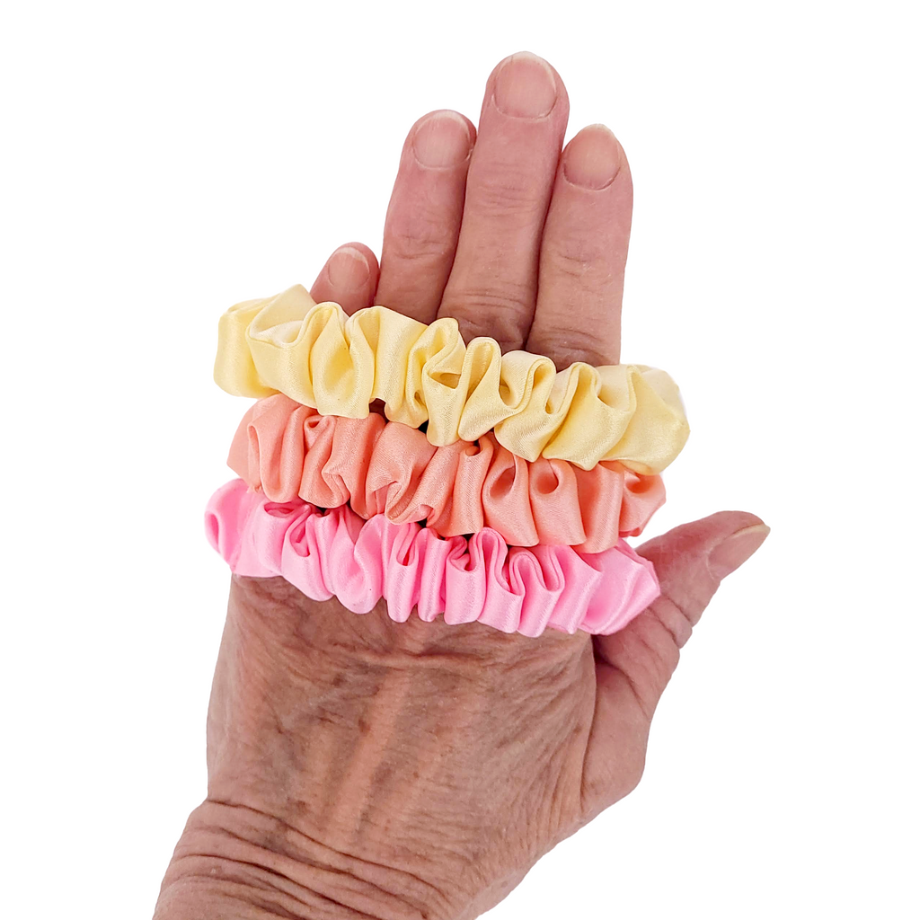 Pure Silk hair tie scrunchies Skinny size pink peach yellow colors handmade by Lynne Kiel