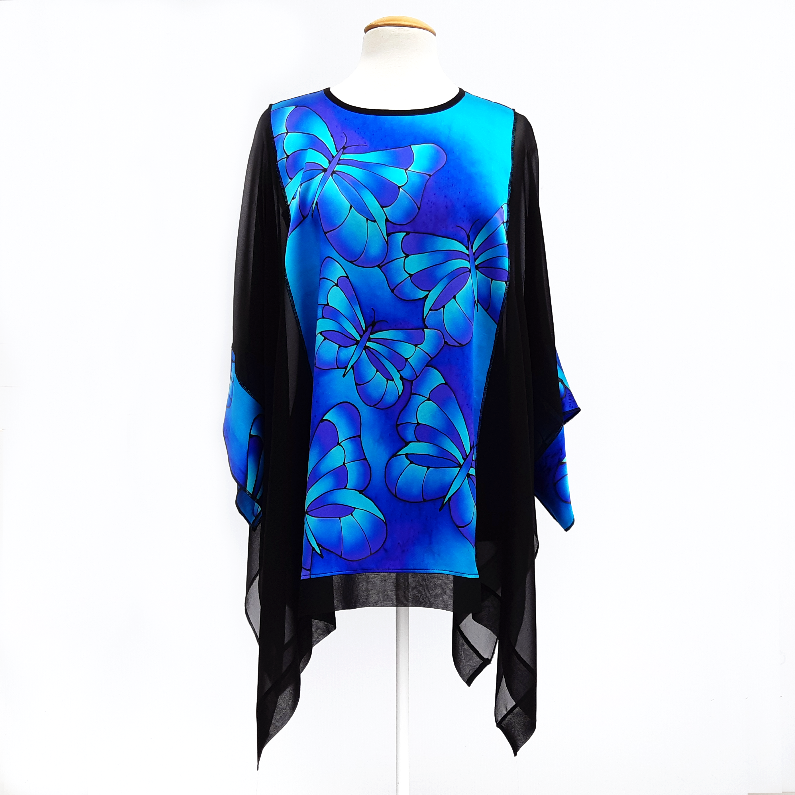 one size caftan top painted blue black silk made by Lynne Kiel