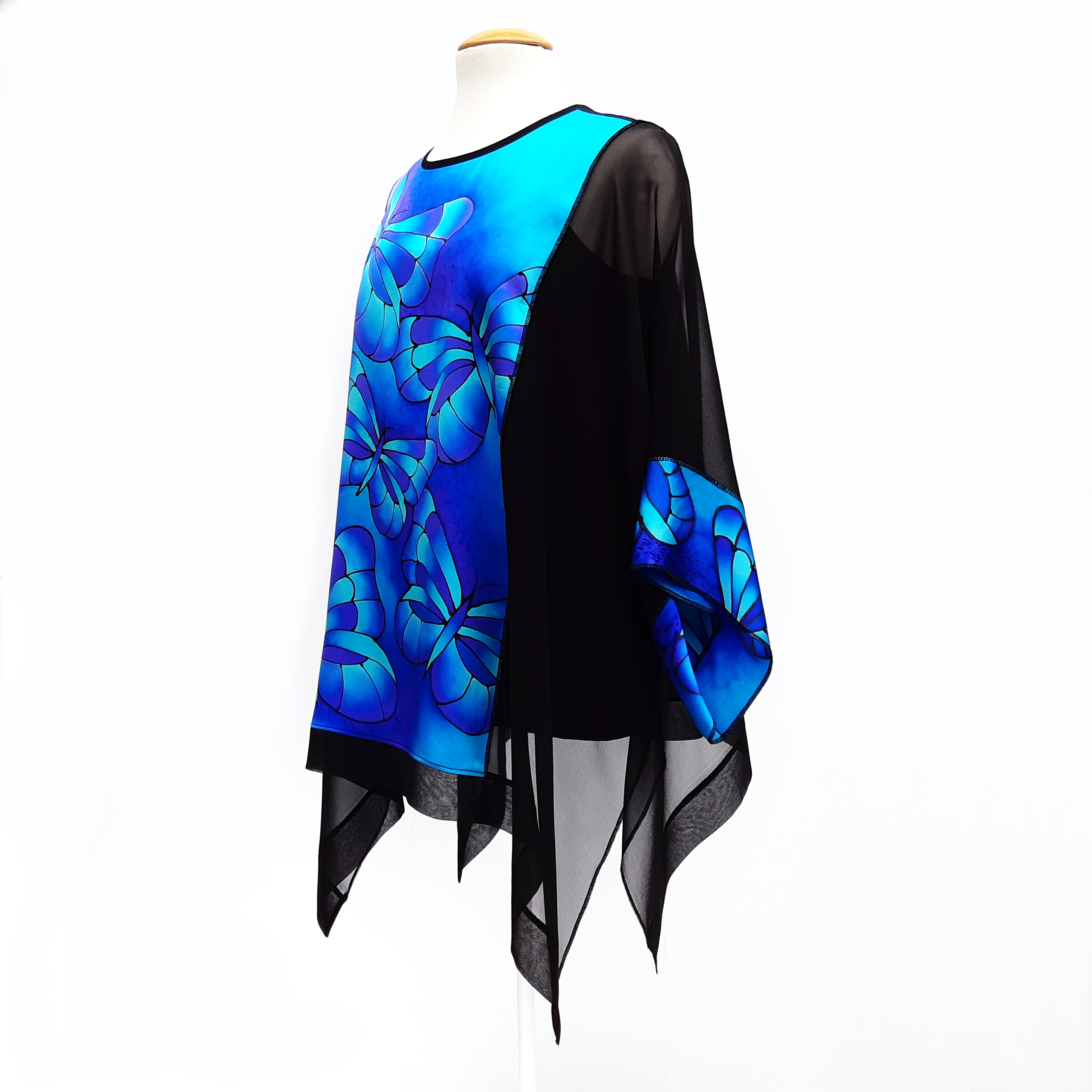 plus size womens long top black blue butterfly painted silk hand made by Lynne Kiel