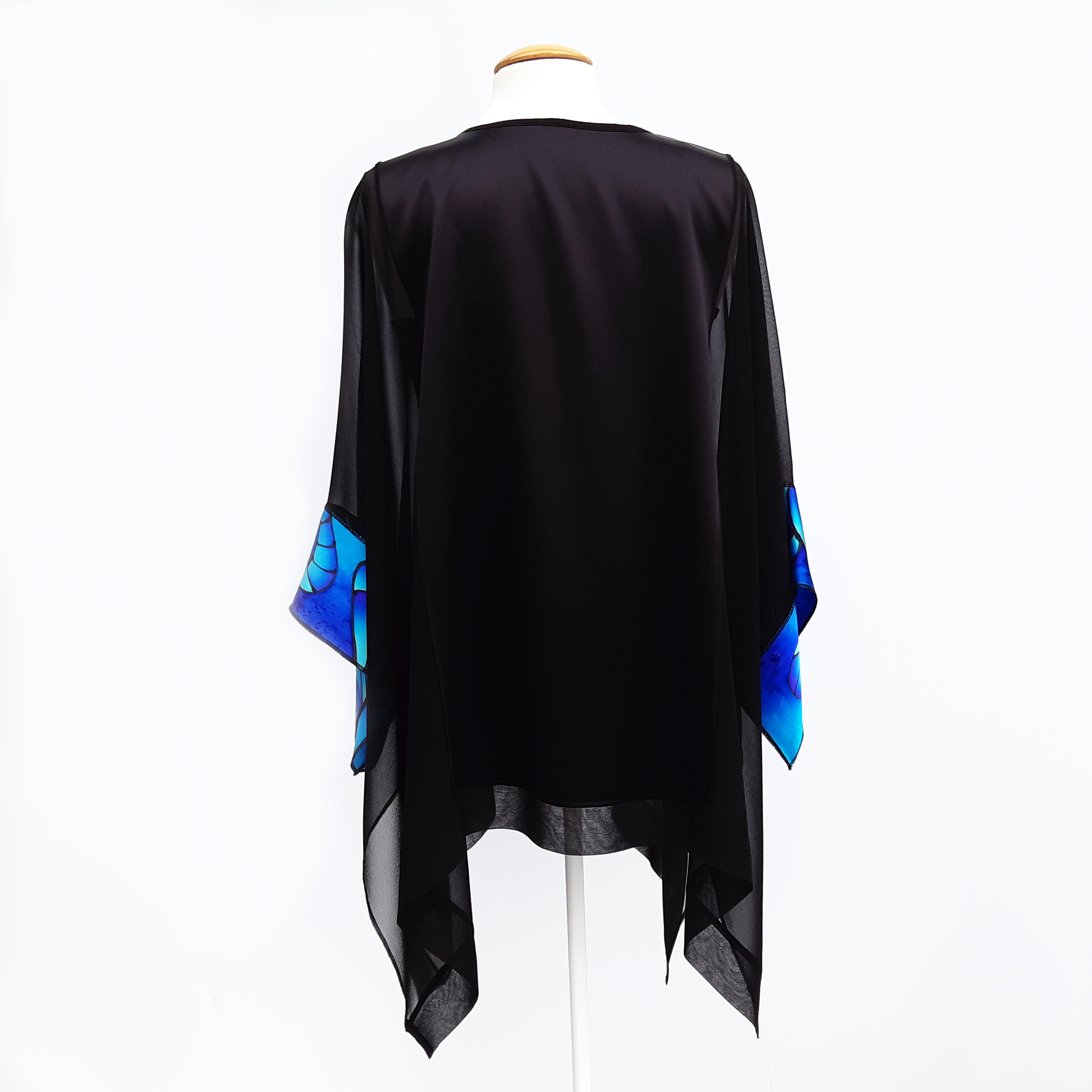 slow fashion top painted silk black blue caftan handmade by Lynne Kiel