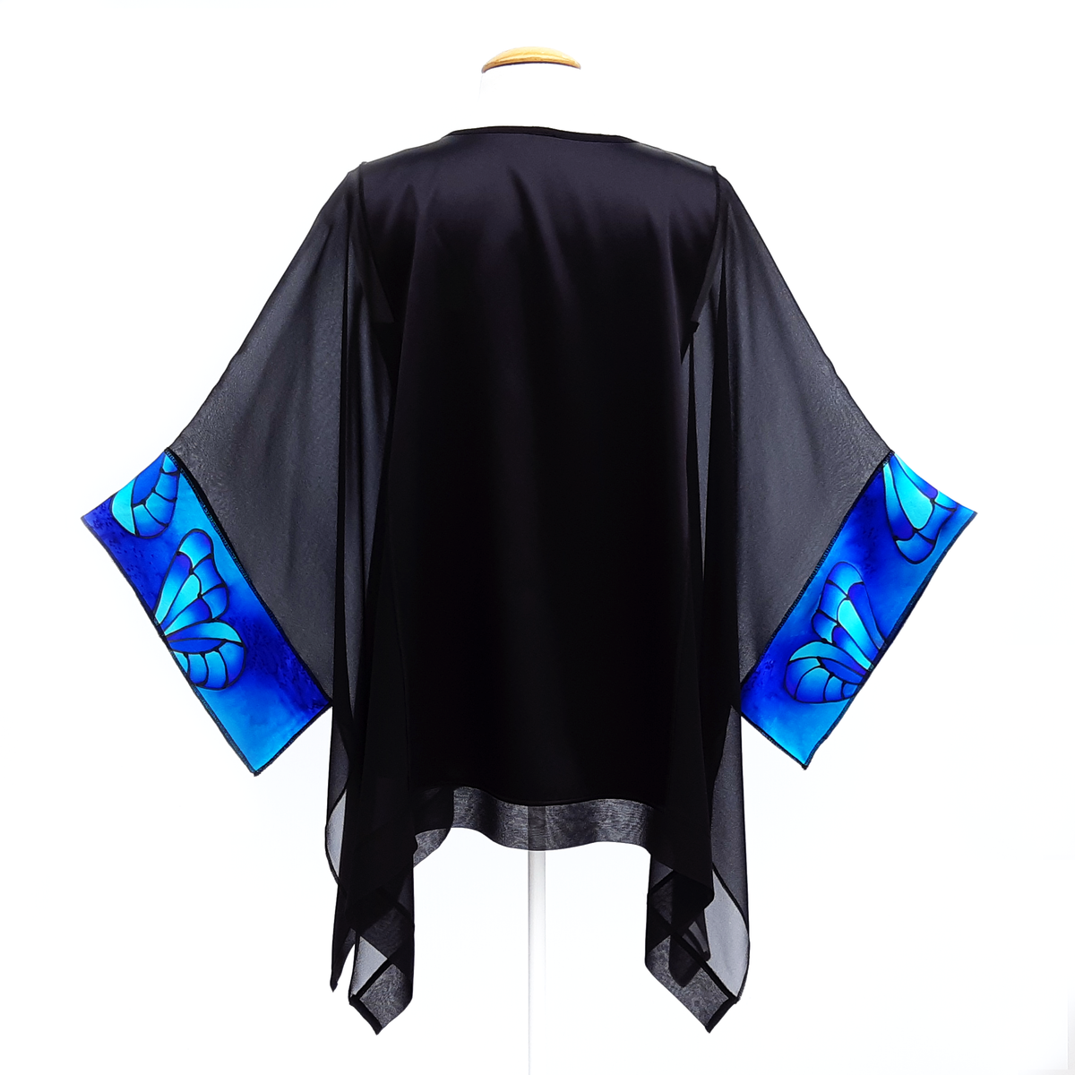 black silk ladies long caftan top Hand painted butterfly art by Lynne Kiel