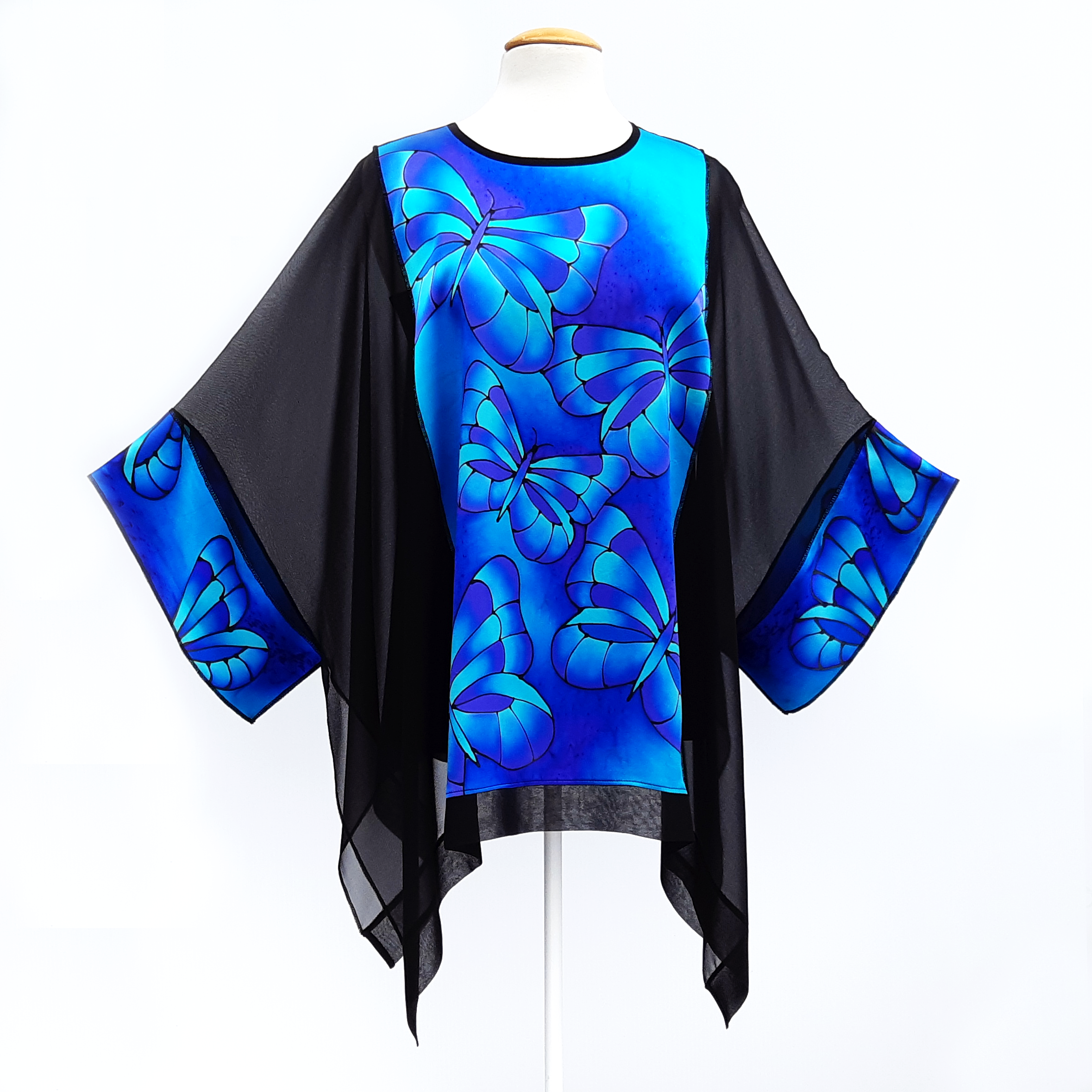 Giant blue morpho butterfly hand painted silk caftan top for ladies handmade by Lynne Kiel