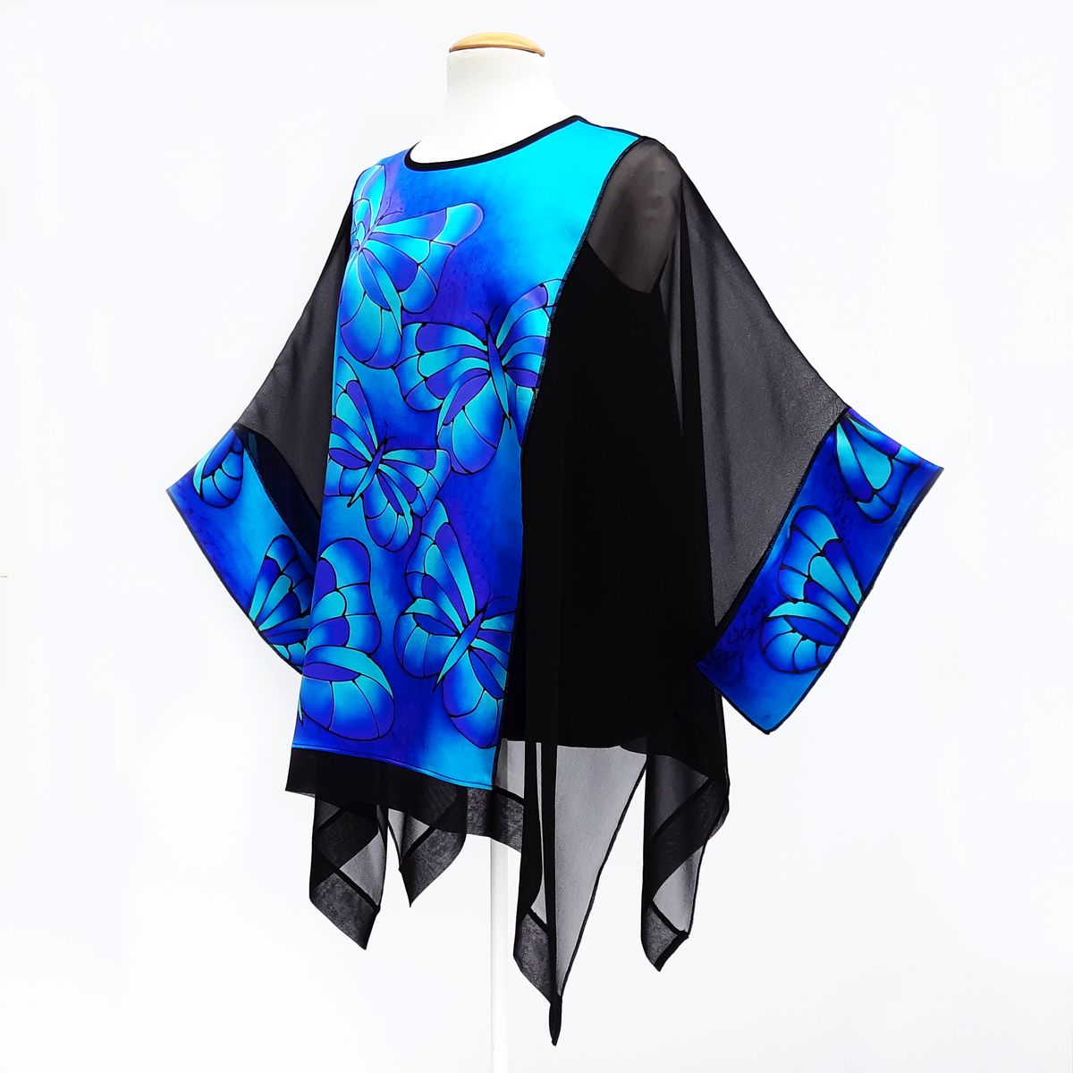 one size hand painted Blue butterflies  black caftan top cruise wear  made by Lynne Kiel