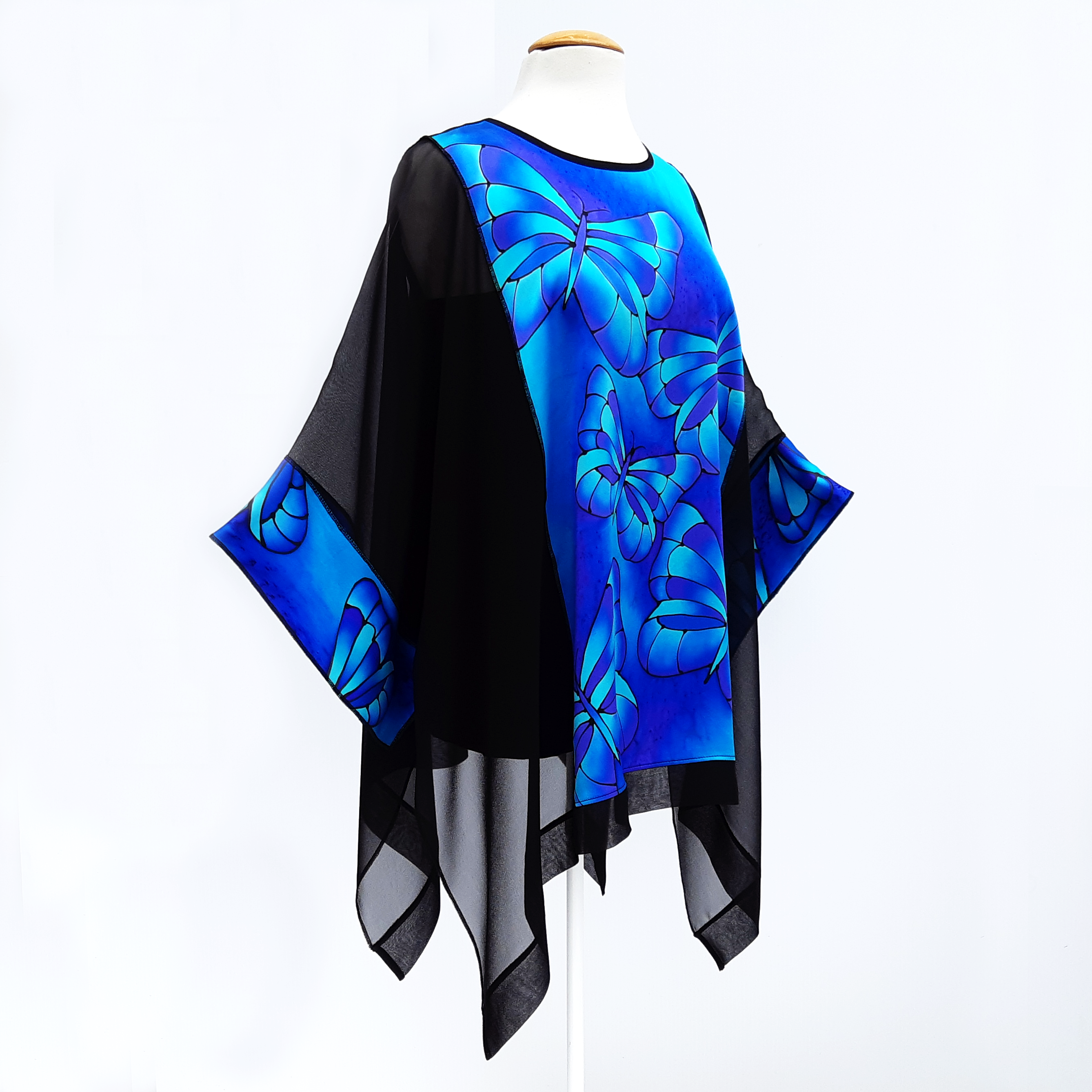 Plus size caftan top black silk for weddings and cruise wear made in Canada