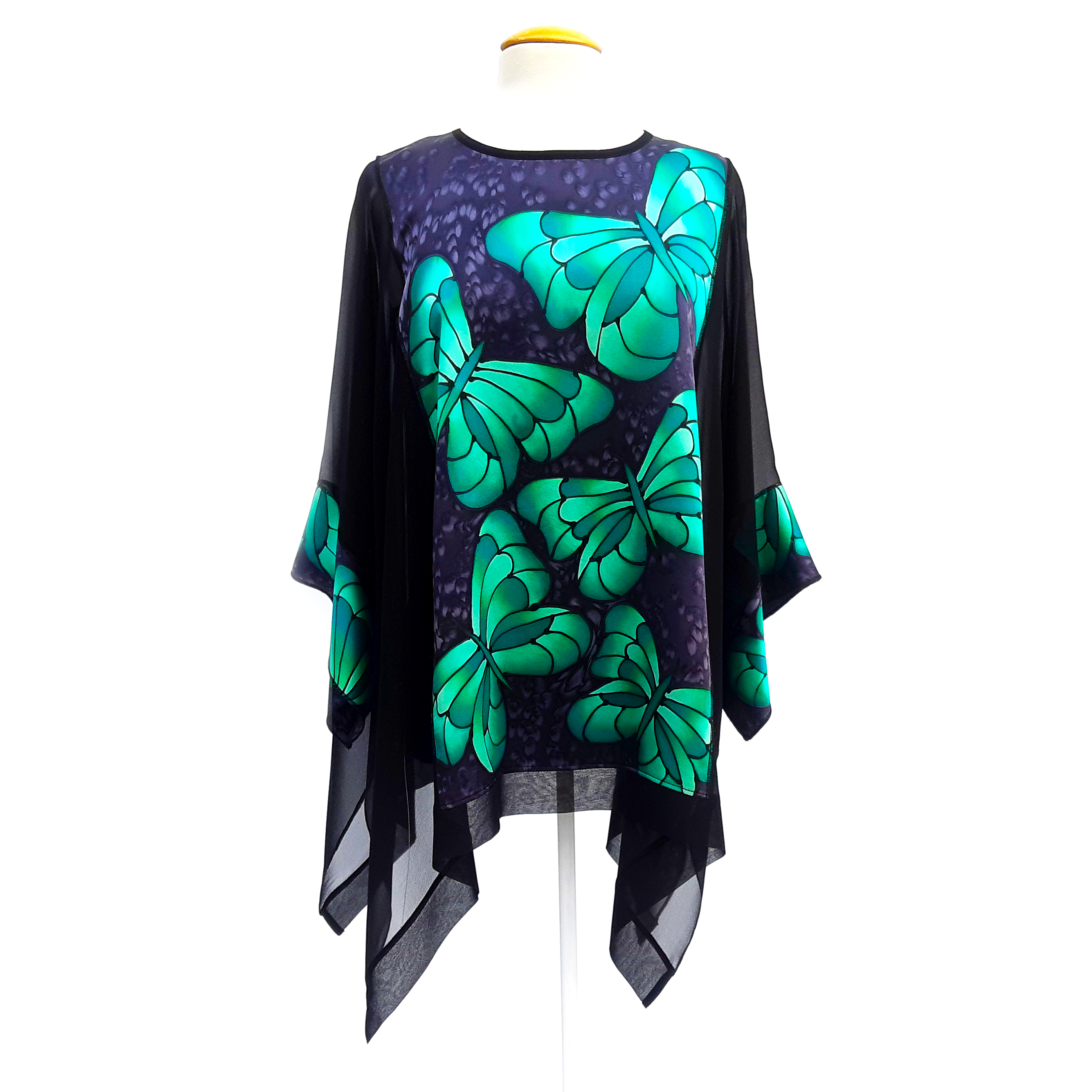 design silk caftan top for women hand painted silk butterfly art made in Canada by Lynne Kiel
